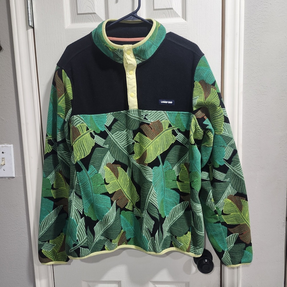 Lands End Snap Neck Fleece Sweatshirt Mens Large Black Green Long Sleeve Jacket‎